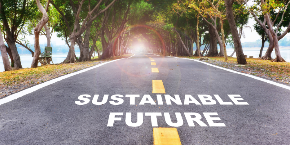 road with text saying sustainable future